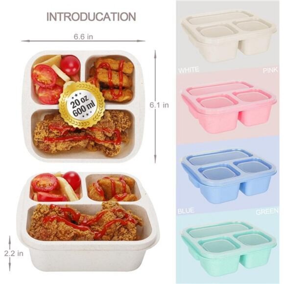 Bento Box For Kids, 4 Pack 3 Compartments Meal Prep Containers Reusable Lunch - Picture 3 of 7